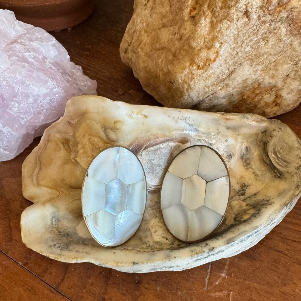 Vintage Mother of Pearl and Brass Stud Earrings